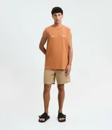 Musculosa masculina de algodón color tostado, con cuello redondo y sisas amplias. Presenta estampa pequeña en el pecho y diseño gráfico grande en la espalda, con un corte holgado y cómodo.