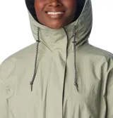 Campera impermeable Columbia modelo Splash Side II, color verde claro, con tecnología Omni-TECH transpirable y costuras selladas. Presenta capucha ajustable con cordón, cintura entallada con cordón interno, bolsillos laterales, puños elásticos y faldón posterior.