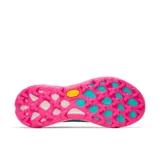Championes de trail running Merrell modelo Agility Peak 6 para mujer, color blanco con detalles en celeste, fucsia y verde lima, con suela Vibram.
