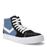 Championes de caña alta Pony, con diseño bicolor en negro y azul, confeccionados en lona con detalles en cuero sintético blanco, cordones blancos y suela de goma blanca.