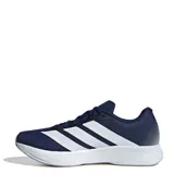 Championes de running Adidas Duramo RC2, color azul marino con tres franjas blancas en el lateral. Presenta detalles en rosa en la lengüeta y el talón. La suela es blanca con una sección de goma negra en la puntera y el talón.