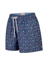 Short de baño azul marino con estampado de cócteles y shakers, cintura elástica con cordón ajustable y bolsillos.
