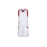Conjunto deportivo de básquet Joma, modelo Set Final, para hombre. Incluye camiseta sin mangas blanca con detalles en rojo y short blanco con detalles en rojo y logo de la marca en la pierna izquierda.