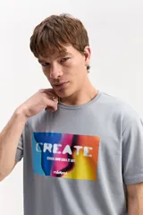 Remera gris de manga corta, con cuello redondo y estampa frontal multicolor de estilo artístico con la leyenda "CREATE CHAOS AND CALL IT ART".