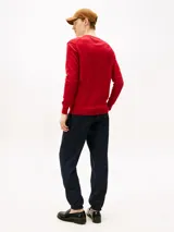 Sweater de punto rojo con cuello en V, manga larga, puños y bajo acanalados, y pequeño logo bordado en el pecho.