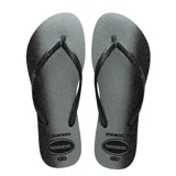 Sandalias tipo ojotas Havaianas modelo Slim Gloss, con diseño de degradado en tonos negro y gris, y tiras finas con acabado brillante.