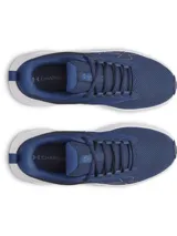 Championes Under Armour Surge 5 para running, de color azul marino con entresuela blanca y suela negra. Presentan parte superior de malla transpirable con superposiciones sintéticas y el logotipo de la marca en el lateral.