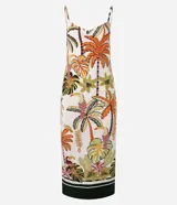Vestido midi de viscosa con estampa tropical, escote en V con fruncido y breteles finos.