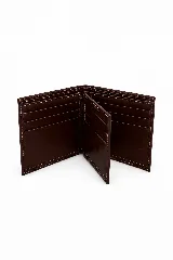 Billetera de cuero genuino, de diseño clásico, con doble compartimento para billetes, múltiples ranuras para tarjetas y visor para documentos.