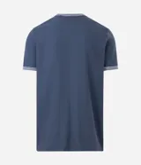 Remera regular de manga corta y cuello redondo color negro, con diseño texturizado y detalles de rayas contrastantes en cuello y puños.