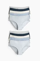 Pack de diez bombachas hipster de algodón en punto, con tiro medio, refuerzo interior y cobertura trasera media. El set incluye prendas en tonos gris, azul marino, beige, celeste y gris claro.
