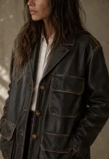 Blazer de cuero vacuno color negro con efecto envejecido y textura granulada, diseño de silueta relajada, solapas clásicas, cierre frontal de botones marrones y múltiples bolsillos utilitarios con solapa.