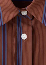 Blusa de algodón marrón con rayas verticales azules, corte recto, cuello camisero, manga larga con puños abotonados y cierre frontal de botones.