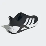 Championes de entrenamiento Adidas Dropset Control, color negro con las tres tiras características en blanco y detalles en la suela y talón. Confeccionados en malla transpirable, ideales para levantamiento de pesas y entrenamiento funcional.