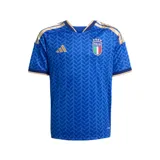Camiseta de fútbol Adidas de la selección italiana, modelo primera equipación 2026. Diseño azul con patrón de hojas de laurel en relieve, detalles dorados en cuello, hombros y mangas, logo de Adidas y escudo de Italia en el pecho.