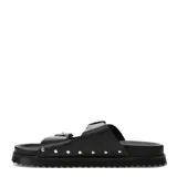 Sandalias de mujer Miss Carol modelo Zunna, color negro con doble tira ancha, hebillas metálicas plateadas de estilo western y tachas decorativas en el borde de la suela con plataforma dentada.