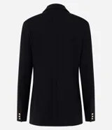 Blazer estructurado de corte cruzado en tejido de Punto Roma, con cuello de solapa, bolsillos con solapa, manga larga y botones metálicos dorados.