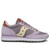 Championes Saucony Jazz Original de dama, color lila y gris con detalles en amarillo y suela blanca.