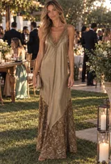 Vestido largo lencero color dorado con detalles de encaje en el escote en V y en el ruedo asimétrico.