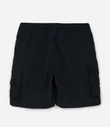 Pantalón cargo negro de corte recto con bolsillos laterales tipo cargo. Presenta cintura elástica con cordón de ajuste y sistema de tiradores en la parte inferior para regular el largo, permitiendo convertirlo en bermuda.