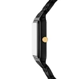 Reloj Fossil modelo Raquel con caja rectangular y pulsera de eslabones, ambos de acero inoxidable color negro. La esfera es negra con números romanos y agujas doradas. Incluye indicador de fecha.