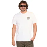 Remera blanca de manga corta con cuello redondo y estampado pequeño en el pecho con el logo de Volcom y flores.