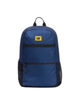 Mochila azul de la marca Cat, modelo Liam Backpack, con compartimento principal con cierre, bolsillo frontal con cierre, bolsillos laterales de malla y el parche con el logo de Cat en amarillo.