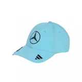 Gorra Adidas de la colección Mercedes AMG Petronas F1, modelo George Russell, en color celeste con el logo de Mercedes bordado en negro en el frente y las tres rayas de Adidas en la visera.