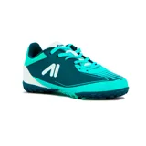 Championes de fútbol Austral modelo Blast TF, color turquesa con detalles en azul oscuro y blanco. Diseñados con suela multitaco para césped sintético, cordones al tono y logo de la marca en el lateral.