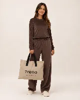 Bolso tote de lona color visón con asas cortas negras y estampado frontal con la marca "Trena" y el lema "ACTIVA TUS DÍAS".