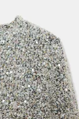 Jersey de cuello redondo y manga larga, confeccionado con aplicación de lentejuelas brillantes en toda la superficie. Presenta un diseño de corte recto y acabado texturizado.
