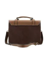 Cartera de cuero en combinación de tonos marrón, tostado y beige, con diseño estructurado tipo satchel, correas con hebillas metálicas decorativas y manija superior.