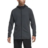 Campera deportiva Adidas con cierre frontal completo, capucha integrada y bolsillos laterales. Confeccionada en tejido técnico transpirable de color gris oscuro, diseñada para brindar libertad de movimiento durante el entrenamiento.