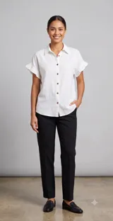 Camisa blanca de manga corta con cuello clásico, cierre frontal de botones y detalle de volados en las mangas.