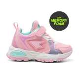 Championes deportivos rosas con detalles en blanco, celeste y lila. Presentan ajuste con velcro y cordones elásticos.