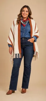 Pashmina tejida a mano en crochet, con diseño de rayas verticales en color crema y marrón. Presenta terminaciones con flecos en el ruedo y una textura acanalada distintiva.