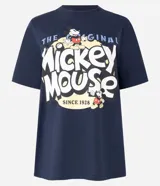 Remera azul marino de algodón con estampa de Mickey Mouse en el frente.