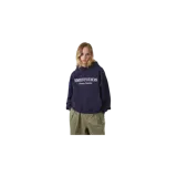 Hoodie oversized azul marino de Eme Studios con capucha, bolsillo frontal tipo canguro y estampado con el nombre de la marca y la frase 'Always Grateful' en el pecho.
