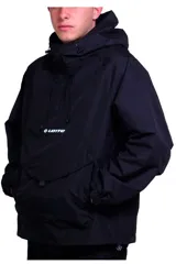 Campera rompevientos Lotto color amarillo flúor, con capucha ajustable, cierre frontal parcial, bolsillo tipo canguro con solapa y logo de la marca estampado en el pecho.