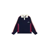 Sweater de punto Eme Studios modelo Chully Navy Knit Polo, de color azul marino con cuello polo, solapa y paneles en color blanco marfil y detalles en rojo. Cuenta con manga larga y logo bordado en el pecho.
