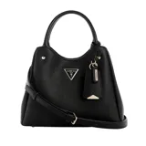 Cartera Guess modelo Meridian II, de diseño estructurado en color negro con acabado texturizado. Presenta doble asa de mano, correa ajustable y extraíble, y detalle de logo triangular metálico en el frente junto con un charm colgante.