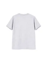 Remera de algodón color celeste con estampa frontal circular que incluye texto y diseño floral.