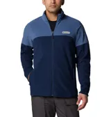 Polar Columbia de hombre, modelo Basin Trail III Full Zip, color azul marino con bloques de color azul más claro en hombros y parte superior del pecho. Presenta cuello alto, cierre frontal completo y bolsillos laterales con cierre.