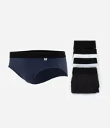 Kit de cinco calzoncillos slip de algodón con elástico aparente en la cintura.