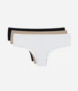 Pack de tres bombachas tipo bikini de microfibra sin costuras, en colores blanco, beige y negro.
