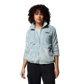 Campera polar Columbia modelo Fire Side FZ III, confeccionada en tejido de pelo sintético con textura acolchada. Presenta cierre frontal completo, cuello alto, bolsillos laterales con cierre y parche de cuero sintético con logo de la marca en el pecho.