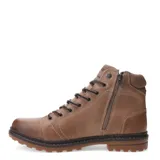 Botas de cuero marrón oscuro tipo borcego, con cordones frontales, cierre lateral y suela de goma acanalada.