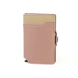 Billetera tarjetero de cuero con estructura interna de aluminio, diseño compacto con cierre de broche a presión y compartimento para tarjetas.