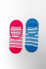 Pack de dos pares de medias invisibles tipo sneaker, con diseño a rayas horizontales en tonos rosados y blancos por un lado, y celestes y blancos por el otro.