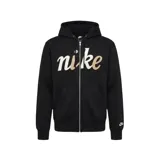 Campera con capucha y cierre frontal completo, color negro. Presenta el logo de Nike estampado en el pecho con letras en tonos crema y blanco, además de un pequeño logo bordado en el puño izquierdo.
